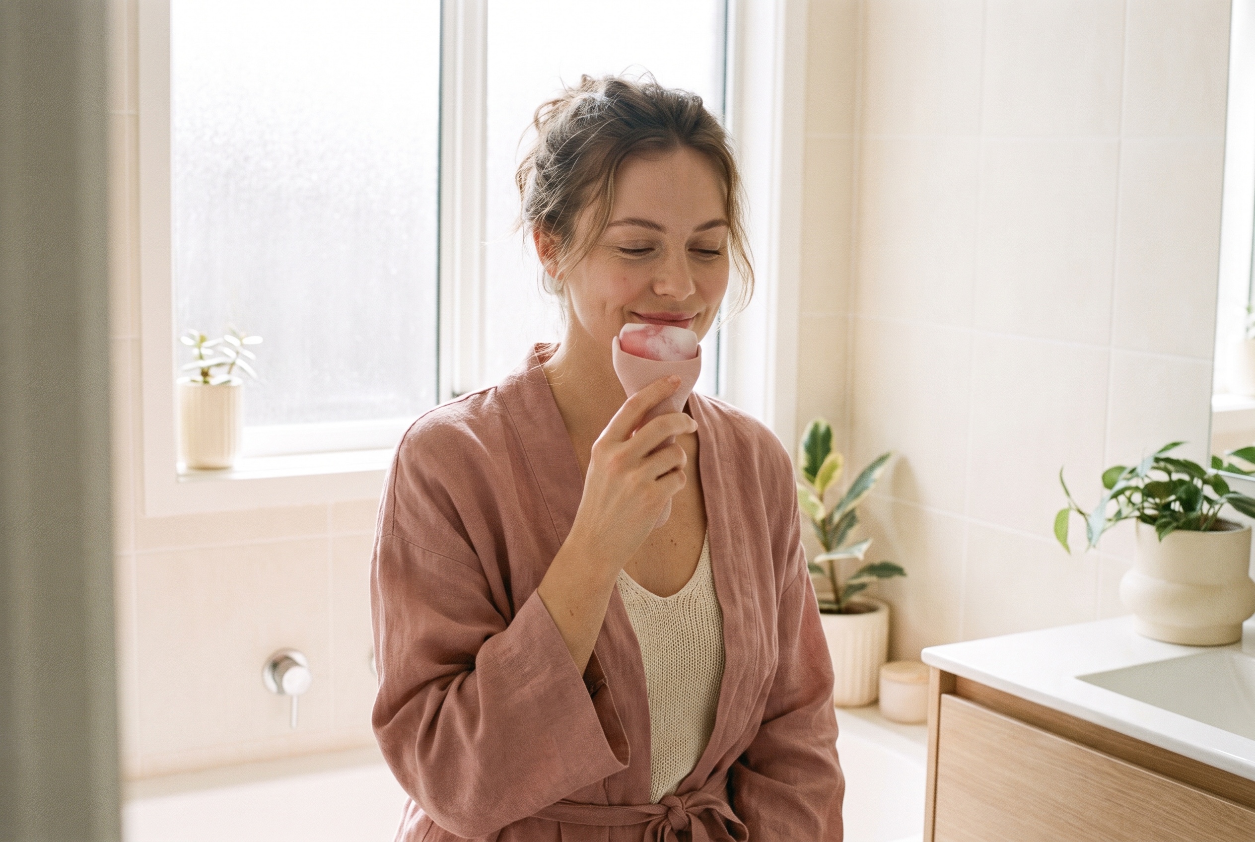 A woman checking her lips in a bathroom mirror after lip filler