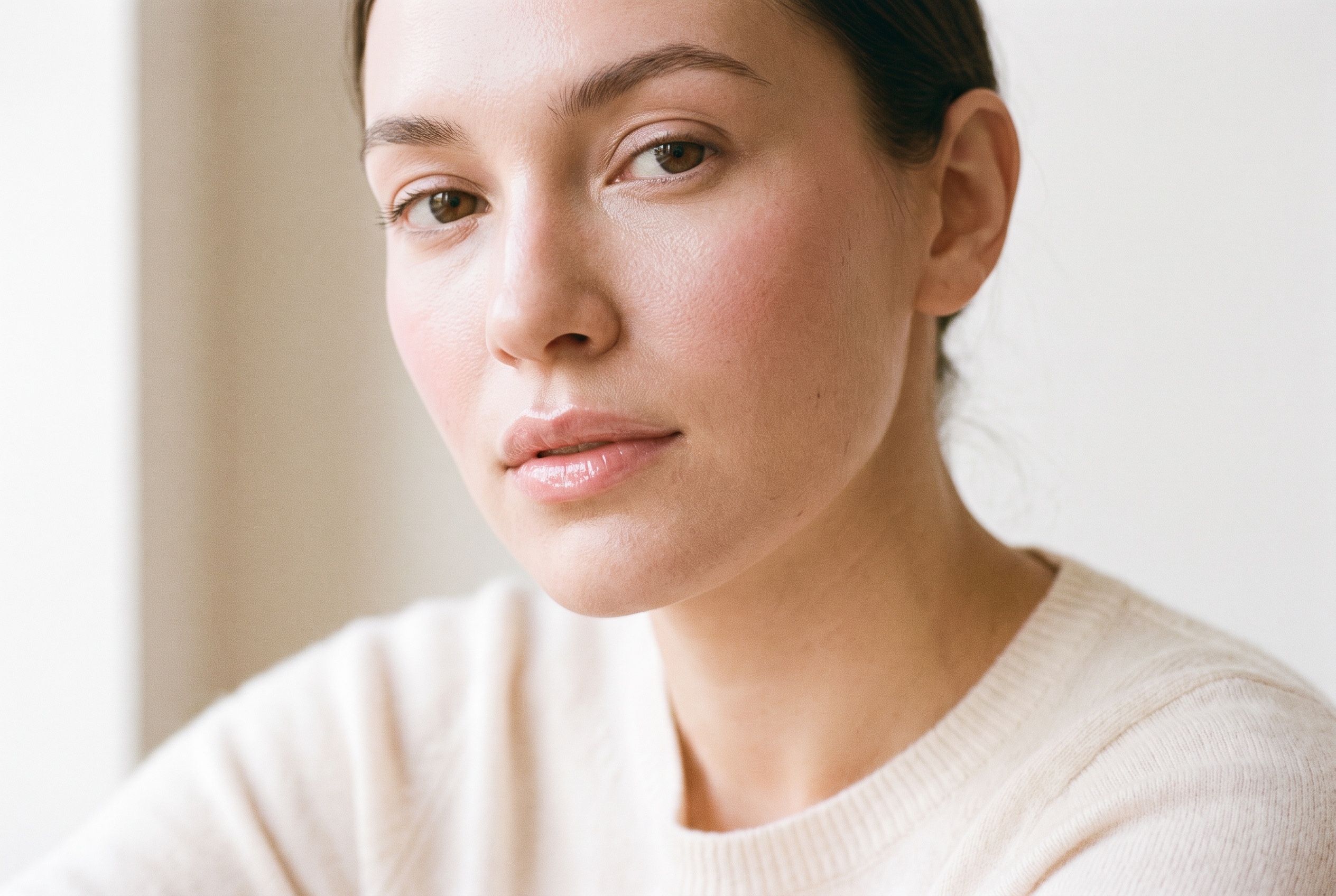 A woman with soft, naturally full lips smiling after a subtle filler result