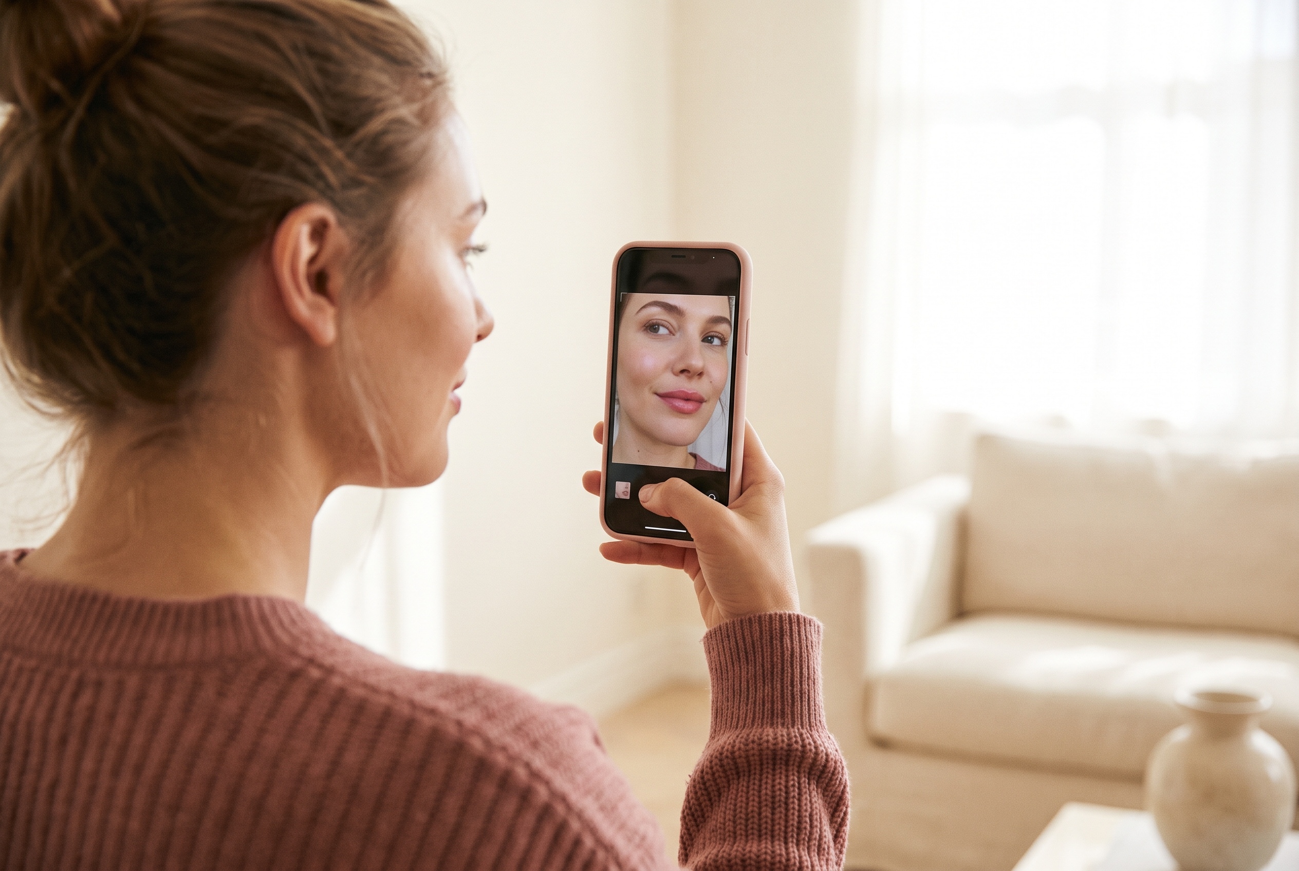 Eine Frau betrachtet auf ihrem Smartphone eine Vorschau mit volleren Lippen